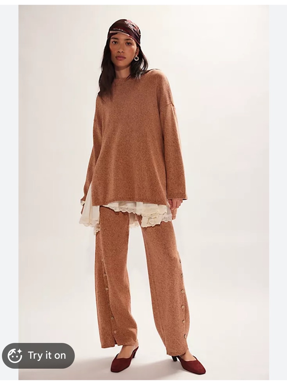 Free People Cozy 100% Cotton 2 Piece suit  Button-Detail Sweater Set in Camel